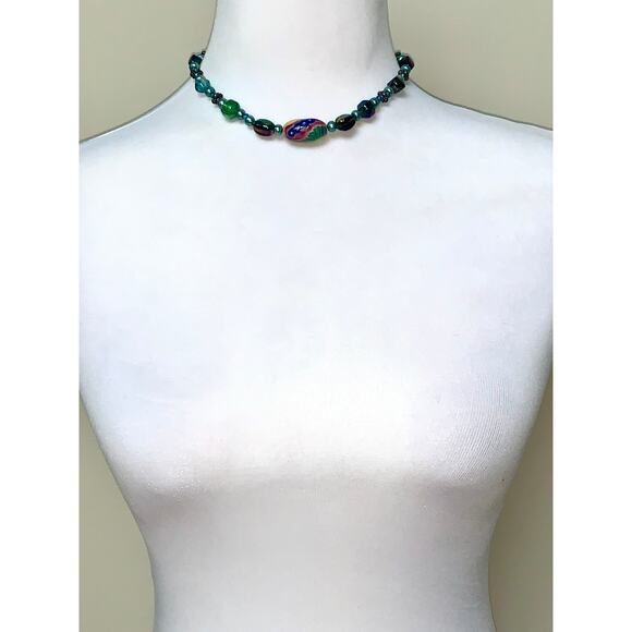 Boho Colorful Painted Iridescent Glass Beaded Choker Statement Necklace - Picture 3 of 7
